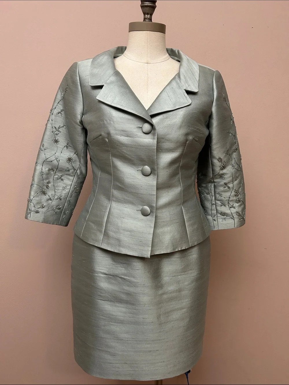 VTG Lillie Rubin Silver-Green Silk Wool Embroidered Skirt Suit set sz 6